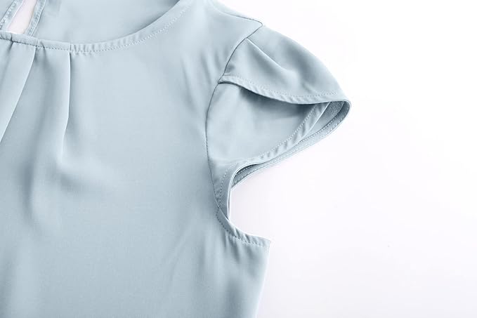 TASAMO Women's Casual Round Neck Basic Pleated Top Cap Sleeve Curved Keyhole Back Chiffon Blouse