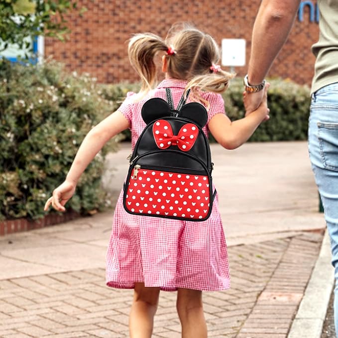 Dksyee Cute Red Backpack for Girl Bowknot Polka Dot Mini Mouse Leather Backpacks for Toddler Little Girl Backpack Kids Small Travel Backpacks Convertible Shoulder Bag Purse for Children Daypack