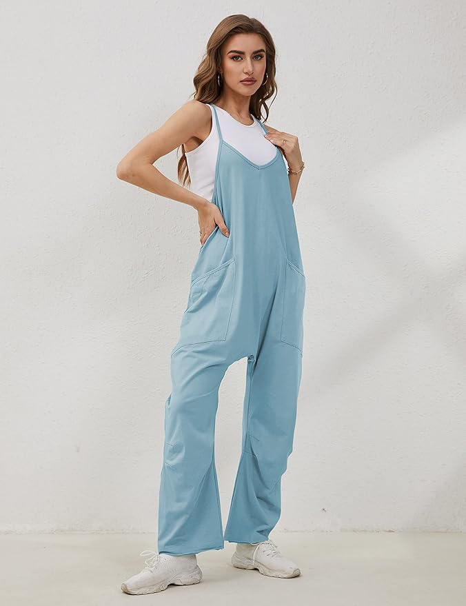 Lentta Women's Causal Jumpsuits V Neck Sleeveless Harem Overalls Stretchy Adjustable Strap Romper with Pockets