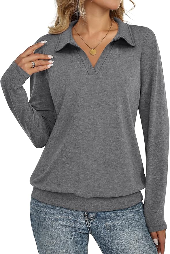 Womens Polo Shirts Long Sleeve Banded Bottom Tops Business Casual Tops Collared V Neck Blouses