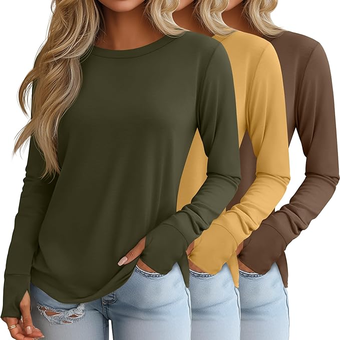 Huukeay 3 Pack Women's Long Sleeve Shirts with Thumb Holes, Cotton Casual Crew Neck Tunic Tops Fall Loose Y2k Trendy Outfits