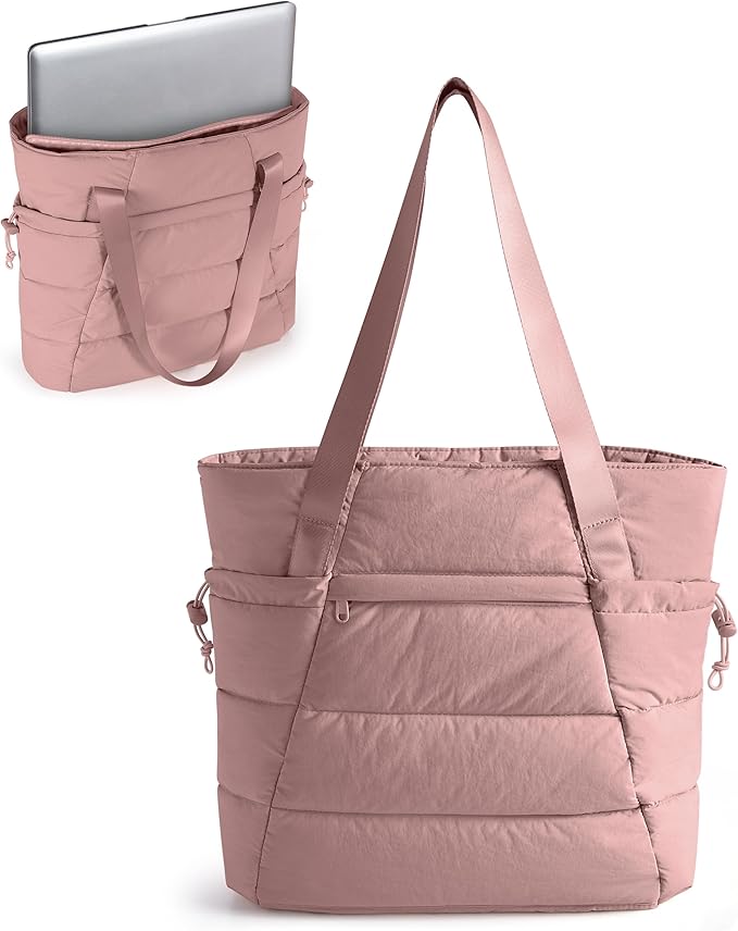 Puffer Tote Bag for Women, Lightweight Tote Bag for Work and School, Dark Pink