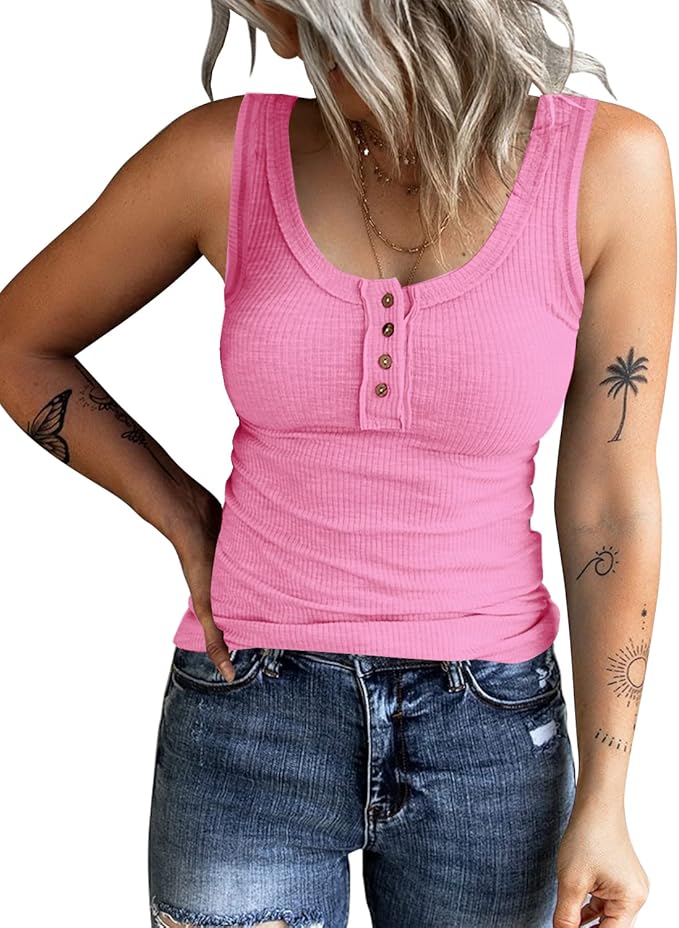 KINLONSAIR Women's Sleeveless Henley Tank Tops Ribbed V Neck Button Down T Shirts Summer Slim Fit Tee Tops