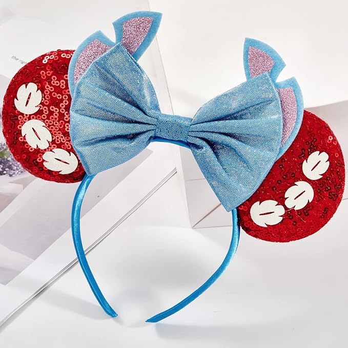 RAZKO Hairband, Stitch Red Minnie Ears Headband with Sequin Shiny Ears and Bow for Women Girls Hair Accessories, One Size Fits All, 16 Headbands Available
