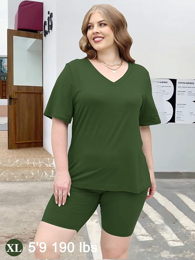 AGSEEM Two Piece Outfits For Women Summer V Neck T-Shirt Tops Biker Shorts Workout Sports Tracksuit