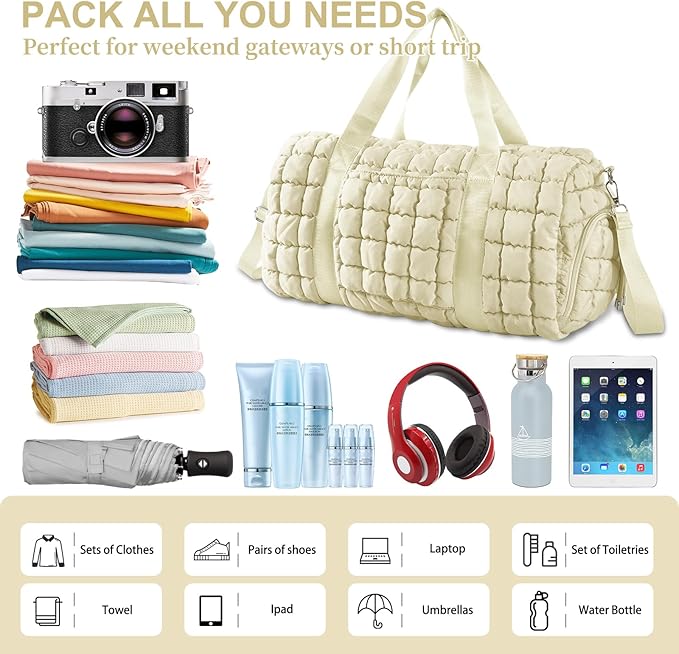 Quilted Travel Duffle Bag Gym Bag for Women,Large Puffer Duffle Weekender Bag with Compartment,Workout Overnight Carry on Organizer Bag Duffle Bag for Airplane Travel(Off-white)