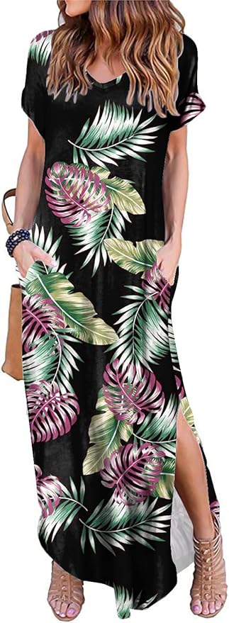 Arolina Women's Summer Maxi Dress Short Sleeve V Neck Casual Loose Long Beach Split Dresses with Pockets