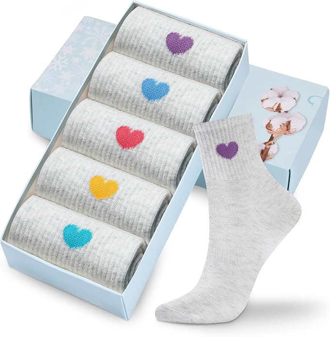 Corlap Women's Cute Cotton Crew Athletic Running Socks - Ankle High, Novelty Fun Heart Design 5-Pairs (Gift Box)