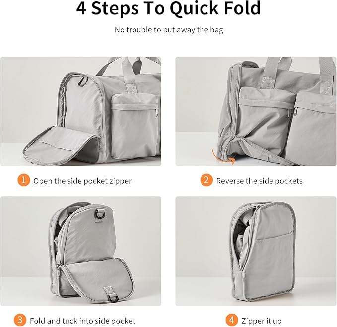 Aji Foldable Travel Duffel Bag for Women with Shoes Compartment, 3 in 1 Carry on Gym Bag with Removable Dry Wet Bag, Lightweight&Water Resistant Duffel Bag for Travel,Sports&Workout, Elegant Gray