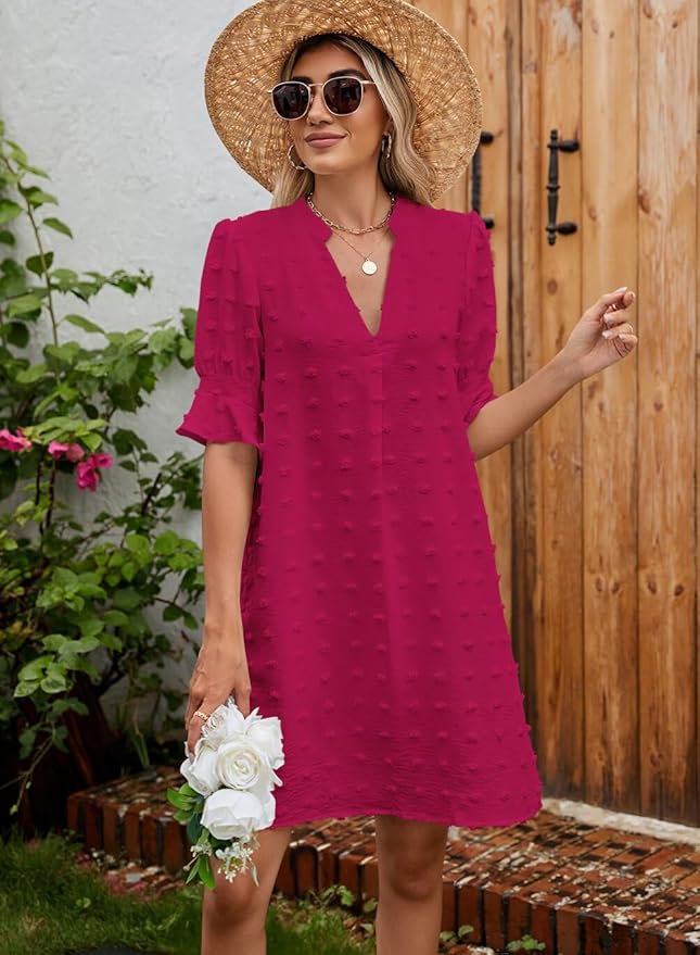 QACOHU Summer Dresses for Women V Neck Ruffle Short Sleeve Casual Shift Dress