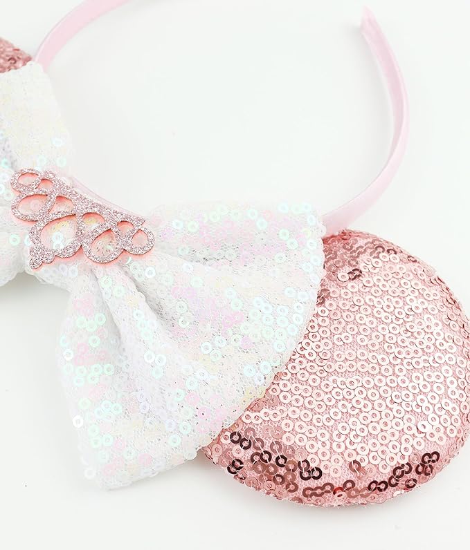 LIHELEI Mouse Ears Headband for Princess, Salmon Pink Sequin Mouse Ears for Princess Birthday Party Halloween Costume, Shiny Park Ears for Adult - Salmon headband