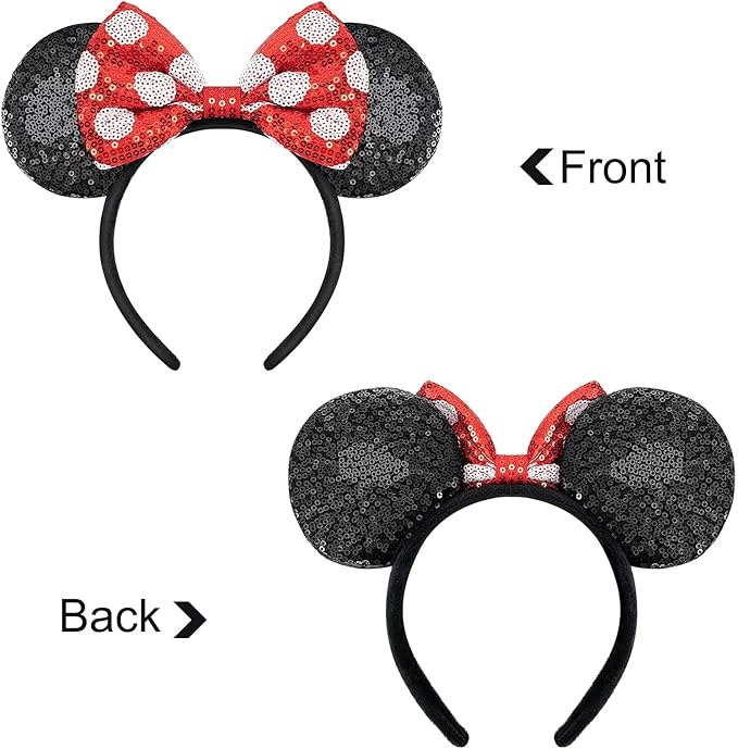 YUNISS 2 PCS Mouse Ears, Shiny Sequin Bow Mouse Ears Headbands for Adult Women Girls Christmas Birthday Party