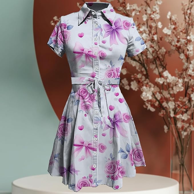 MARSVOVO Cute T Shirt Dress for Women Short Sleeve Button Up Tie Waist Elegant Casual Collared Smocked Midi Dress
