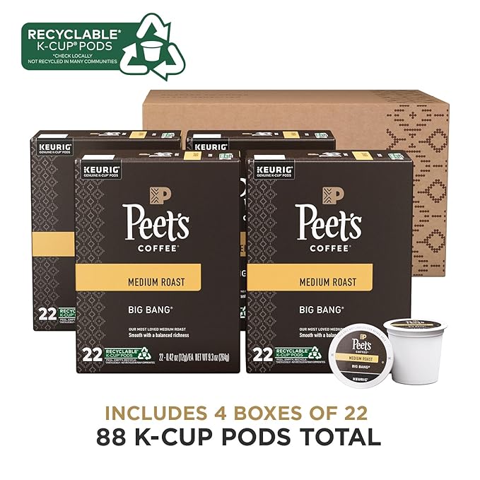 Peet's Coffee, Medium Roast Keurig K-Cup Pods - Big Bang 88 Count (4 Boxes of 22 Pods)