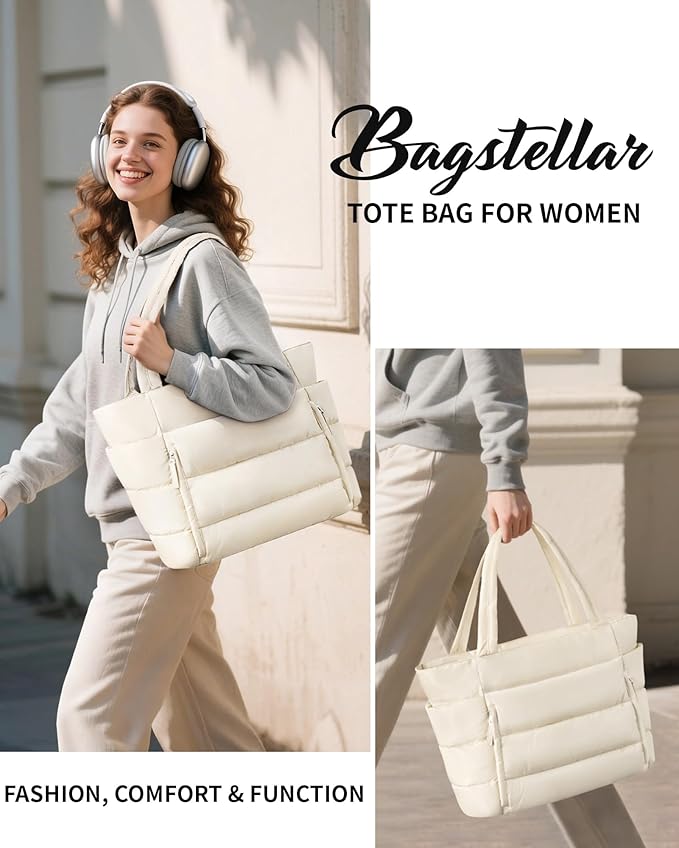 Puffer Tote Bag for Women, Lightweight Puffy Work Handbag Teacher Nurse Quilted Shoulder Bag for School Travel Gym | Quilted, with Zipper, Daily Carry On Bags, Comfy College Bags, 15.6" Laptop Sleeve, Cup Holder Pocket, Portable, Spacious