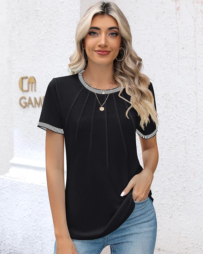 Kistore Womens Casual Crew Neck Short Sleeve Pleated Tops Blouses Fashion Clothes 2026