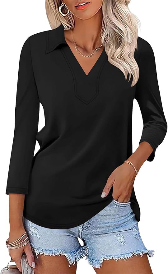LOMON 3/4 Length Sleeve Womens Tops 2026 Spring Summer Collared Polo Shirts V Neck Casual Basic Polos Tees Shirt