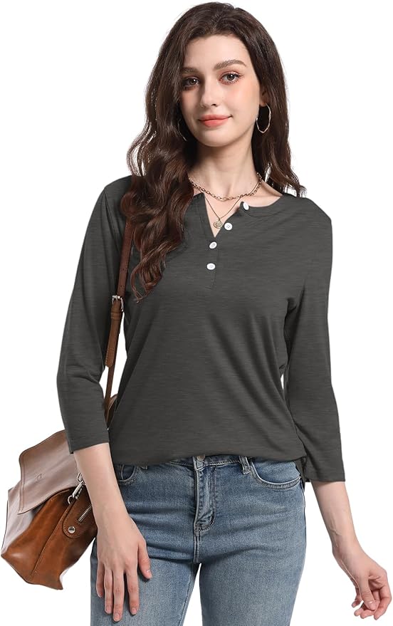 PGANDS Women's 3/4 Length Sleeve T Shirts Button Down Scoop Neck Casual Tops