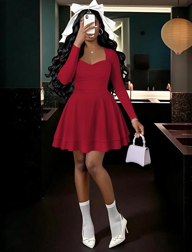 IWD Women's Square Neck Long Sleeve Mini Dress Ruched Corset Waist Tiered Ruffle Hem A Line Short Party Dresses