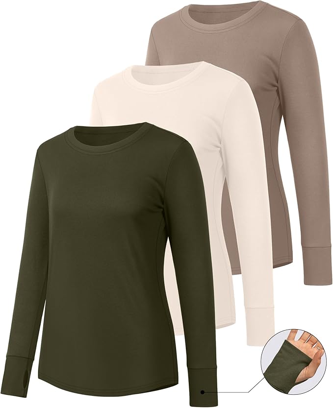 Huukeay 3 Pack Women's Long Sleeve Shirts with Thumb Holes, Cotton Casual Crew Neck Tunic Tops Fall Loose Y2k Trendy Outfits