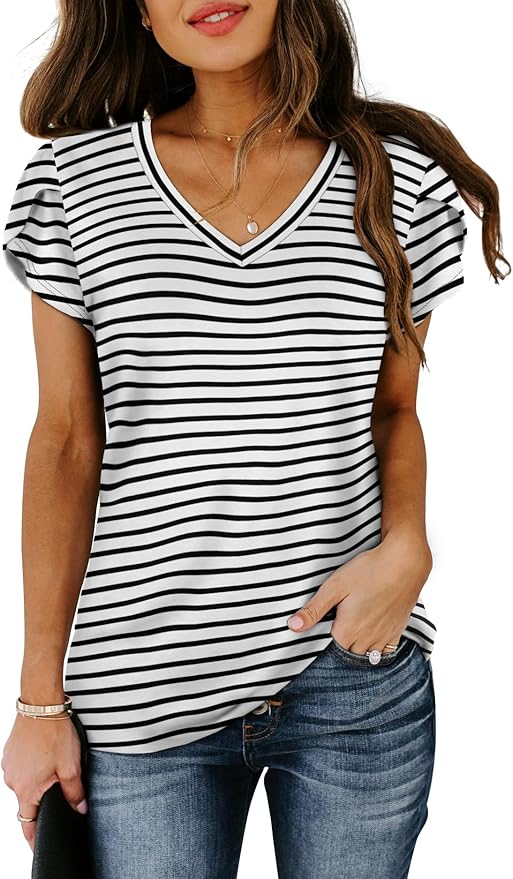 WIHOLL Womens Tops V Neck Summer Petal Sleeve Casual Tshirts
