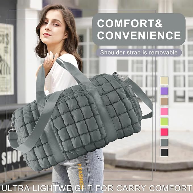 Quilted Travel Duffle Bag Gym Bag for Women,Large Puffer Duffle Weekender Bag with Compartment,Workout Overnight Carry on Organizer Bag Duffle Bag for Airplane Travel(Grey)