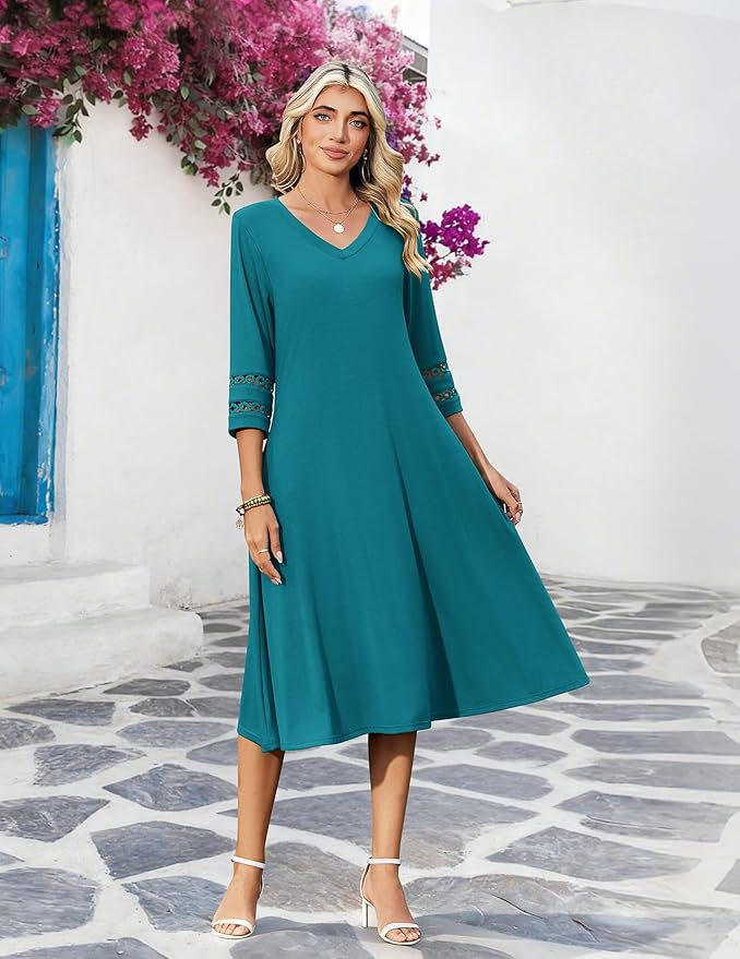 Zeagoo Women's Dresses 3/4 Sleeve Summer Casual V-Neck A Line Flowy Eyelet Midi Dress for Women Beach Vacation Sundress