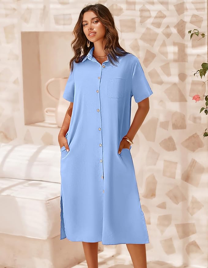 Zeagoo Women Dresses Summer Casual Short Sleeve Button Down Shirt Dresses 2025 Beach Cover Up with Pockets