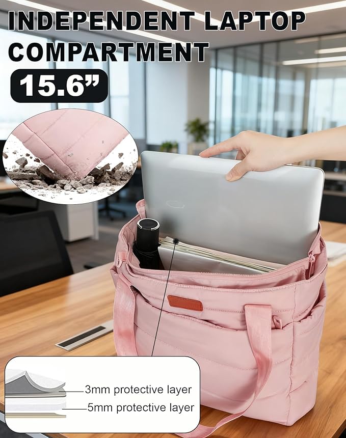 Quilted Puffer Tote Bag for Women, Waterproof Lightweight Work Bag for Nurse/Commuter with 16" Laptop Pocket | Puffer Tote Bag