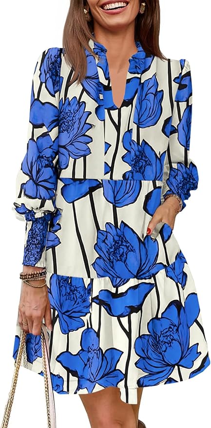 Imily Bela Womens Fall Long Sleeve Tunic Dress Casual V Neck Loose Ruffle Tiered Dress