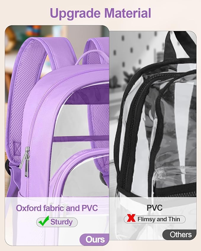KIMNERPU Clear Backpack, Heavy Duty Transparent Bookbag for School, Fabric & PVC Transparent Backpack with Reinforced Strap for Women Men, Capacity Clear Bag for College, Travel, Purple