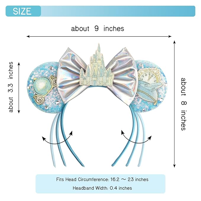 bianbaistar Blue Sequined Mouse Ear Headband with Castle and Timepiece Decorations - A Magical Accessory for Theme Parks and Parties
