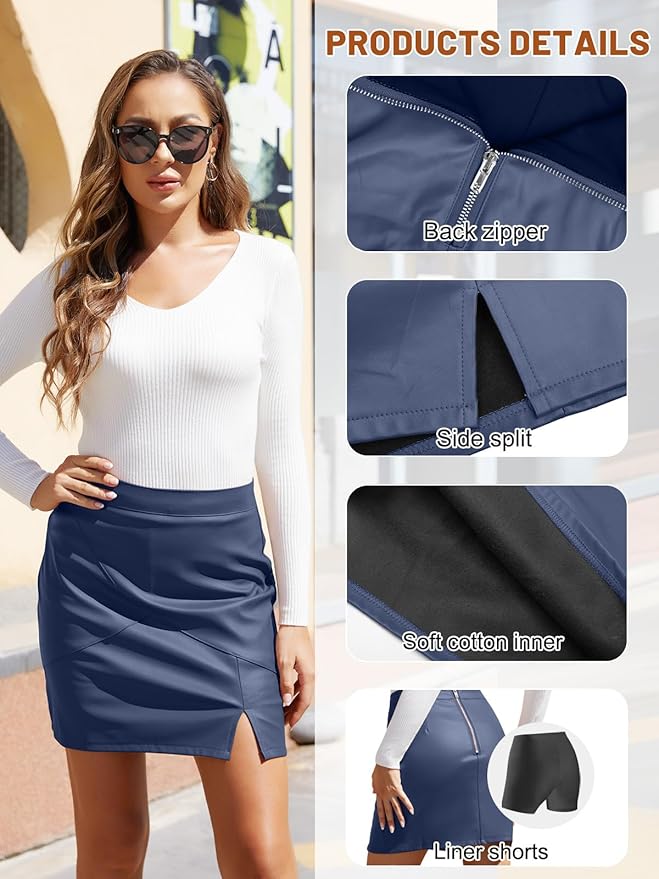 We1Fit Womens Fuax Leather Skirt High Waisted Bodycon Pencil Mini Skirts with Shorts