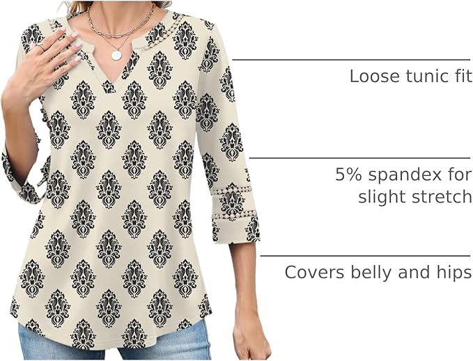 Ivicoer 3/4 Length Sleeve Womens Tops V Neck Lace Embroidered Summer Blouses Loose Fit Tunic Dressy Casual