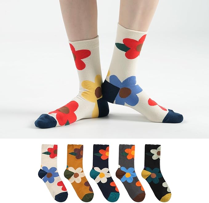 Kikiya Women's Cotton Crew Socks - Cute Flower Graphic Polka Dot Striped Heart Patterned - Ladies Girls Casual Socks Size 6-8