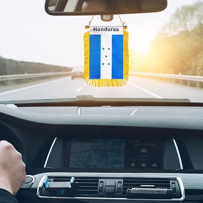 ZXvZYT 3 X 5 Inch Honduras Window Hanging Flag Honduran Small Mini Car Flags Banners Rearview Mirror Decoration - with Suction Cup & Golden Fringy Banner(2 Pack)