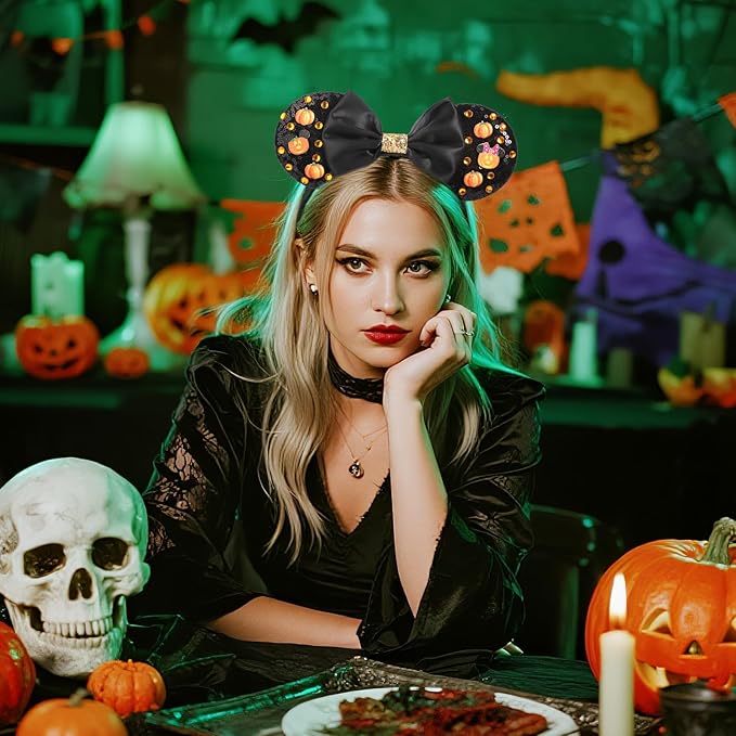 ETLUK Halloween Headband with Pumpkin & Orange Acrylic Rhinestones, Sparkly Sequin Bow Halloween Mouse Ears Accessories for Women, Girls, Adults