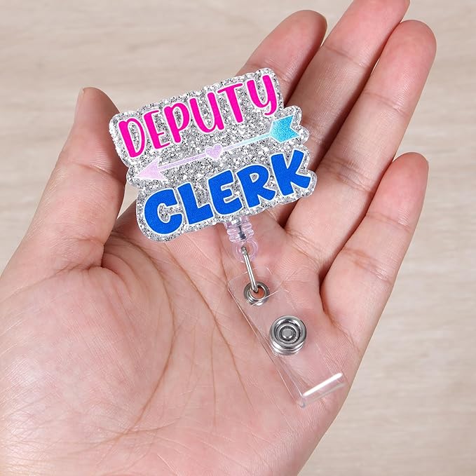 Sparkly Deputy Clerk Badge Reel - Glitter Retractable ID Holder for Courtroom Worker, Funny Lawyer Badge Clip with Strong Clip | Cool Judicial Staff Deputy Clerk/Assistant Gift
