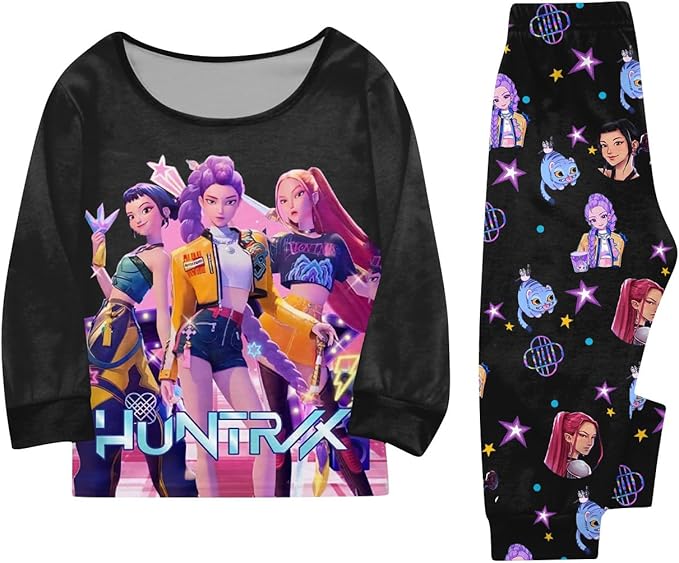 Girls 2 Piece K Pop Singer Outfits Cute Cartoon Graphic Shirts and Pants Casual Tracksuit Fashion Clothing Sets