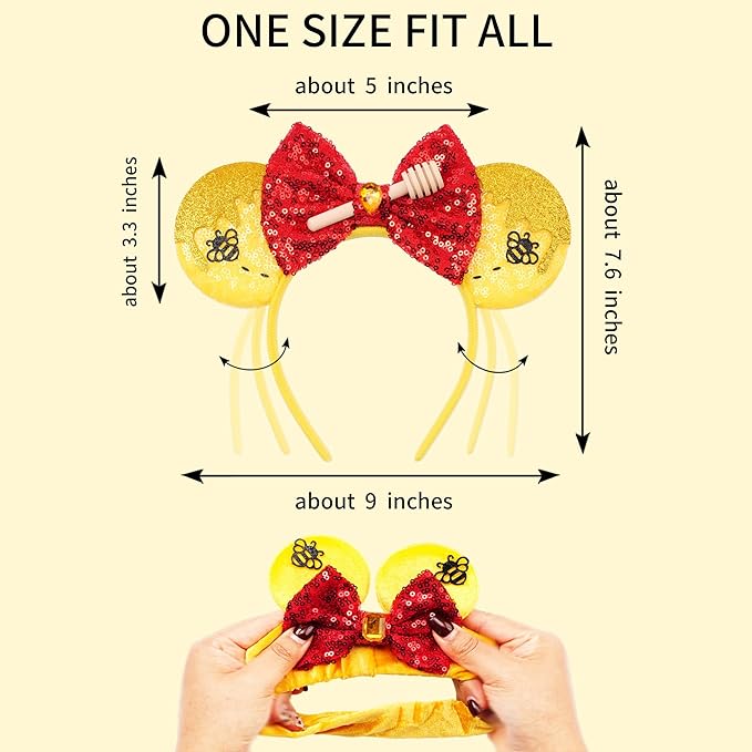 zhezesmila Mouse Ears Headbands 2 Sets Honey Bee Sequin Minn Ears Scrunchies Yellow Bear Ears Hair Accessories for Women Carnival Birthday Party
