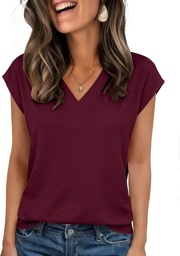 Zeagoo Womens Tops Cap Short Sleeve Textured Blouse V Neck Summer Spring Shirts Business Casual Outfits
