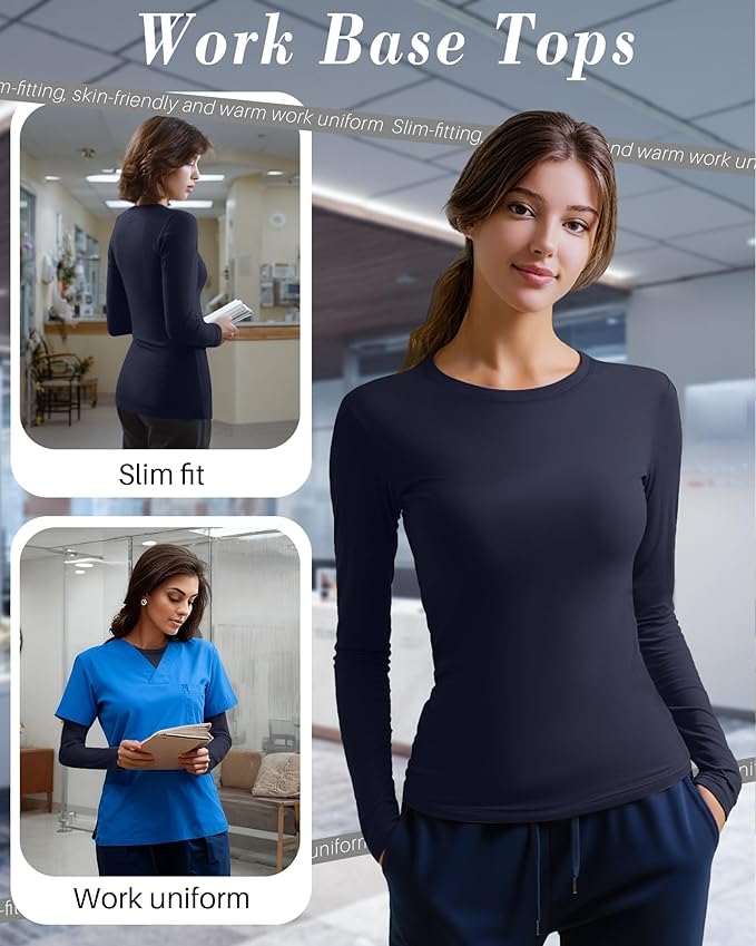 4 Pack Women's Underscrub Shirts Nurse Undershirts Long Sleeve Crewneck Slim Fit Tops Soft Stretchy Basic Tee