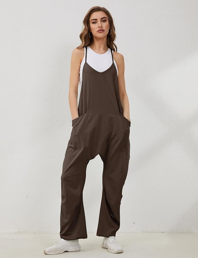 Lentta Women's Causal Jumpsuits V Neck Sleeveless Harem Overalls Stretchy Adjustable Strap Romper with Pockets