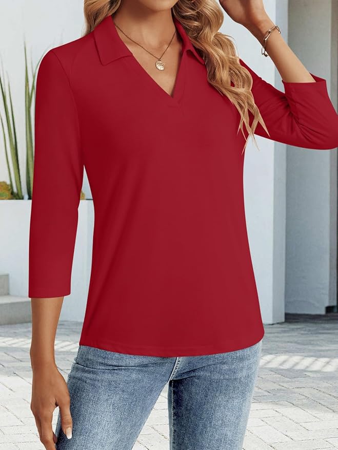 3/4 Length Sleeve Womens Tops Dressy Casual V Neck Polo Shirts Business Work Blouses 2025 Trendy Tunic Top