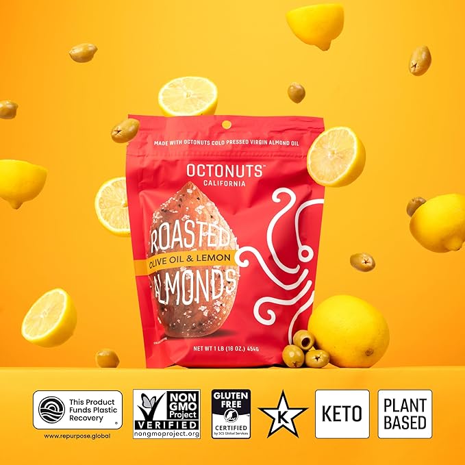 Octonuts Dry Roasted Olive Oil & Lemon Almonds – 16oz Resealable Bag - Healthy Snack for Adults and Kids - Plant Protein with Fiber, Calcium & Iron - Low Carb, Low Calorie - Non-GMO, Gluten Free Snacks