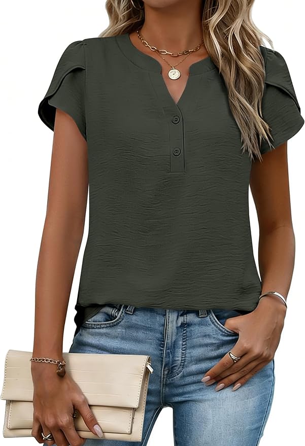 Zeagoo Womens Tops Dressy Casual Textured Blouses Cap Short Sleeve Shirts V Neck Button Up Summer Spring Work Tshirt Clothes