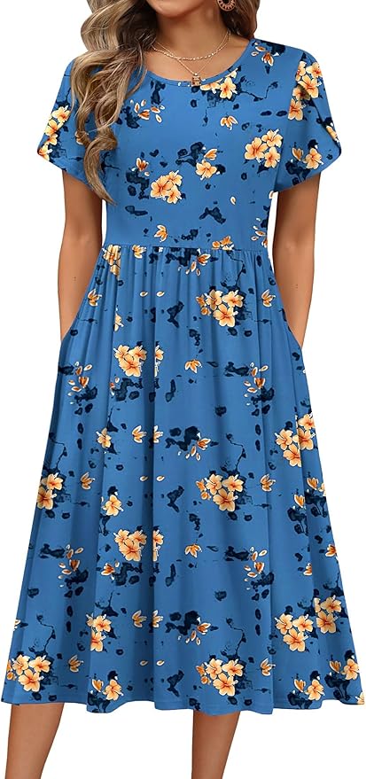 HOTOUCH Women's Summer A-Line Midi Dresses 2026 Casual Floral Short Sleeve T-Shirt Dress Flowy Beach Sundress with Pockets