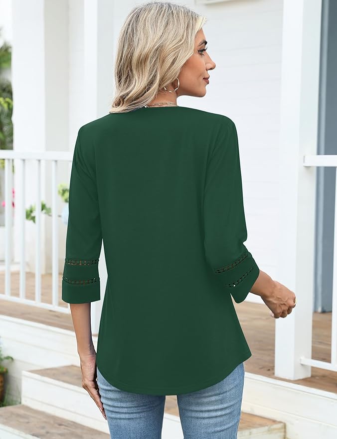 Ivicoer 3/4 Length Sleeve Womens Tops V Neck Lace Embroidered Summer Blouses Loose Fit Tunic Dressy Casual