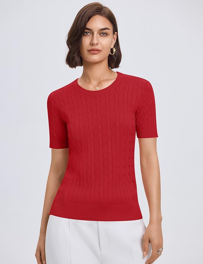 Micoson Womens Short Sleeve Cable Knit Sweater Tops Crewneck Lightweight Spring Summer Shirts Business Dressy Casual Outfits