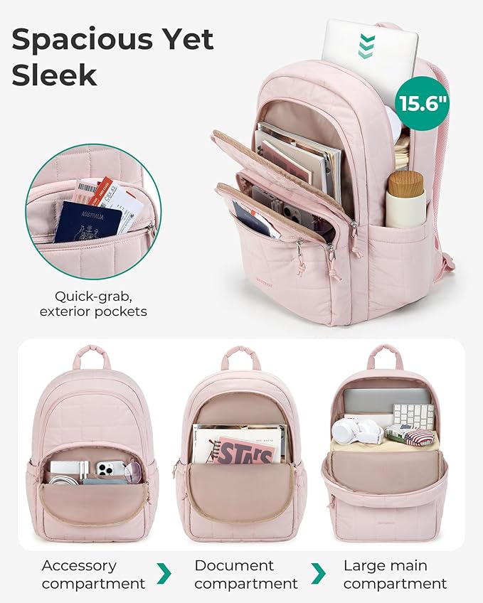 BAGSMART College Laptop Backpack, Travel Laptop Backpack for Women, Quilted Casual Daypack, Water-Resistant Bookbag for 15.6 Inch Laptop, Pink